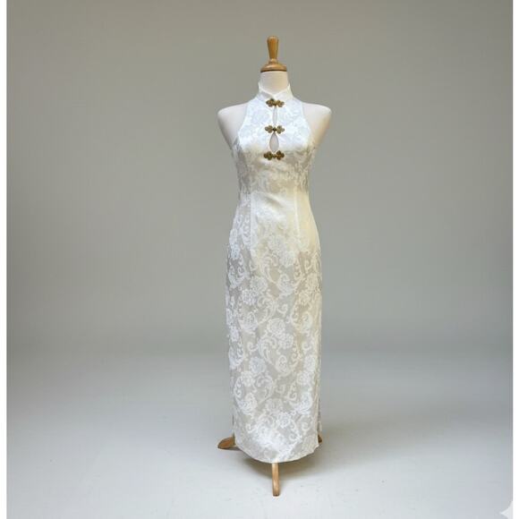 VTG Cache Maxi Dress Gown Sz 4 Ivory Satin Damask Floral Halter Gold Tie Formal - Picture 1 of 13